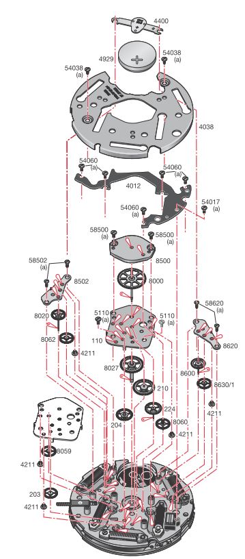 Exploded view van het uurwerk in de datasheet